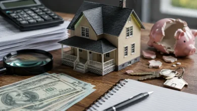 Real estate investment mistakes concept featuring a miniature house, calculator, property documents, magnifying glass, house keys, cash, and a broken piggy bank symbolizing costly property mistakes.