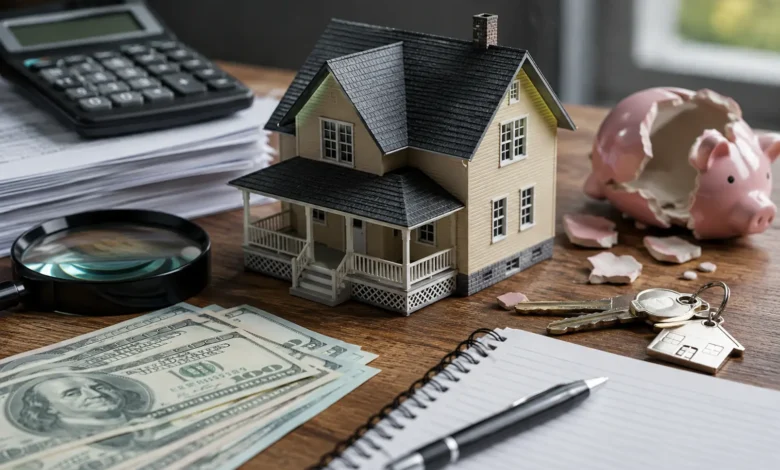 Real estate investment mistakes concept featuring a miniature house, calculator, property documents, magnifying glass, house keys, cash, and a broken piggy bank symbolizing costly property mistakes.