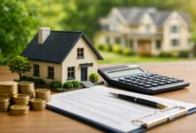 Real estate property taxes and homeownership costs represented by a house model, calculator, coins, and financial documents.