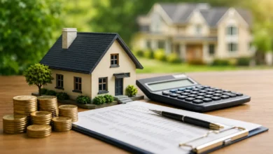 Real estate property taxes and homeownership costs represented by a house model, calculator, coins, and financial documents.