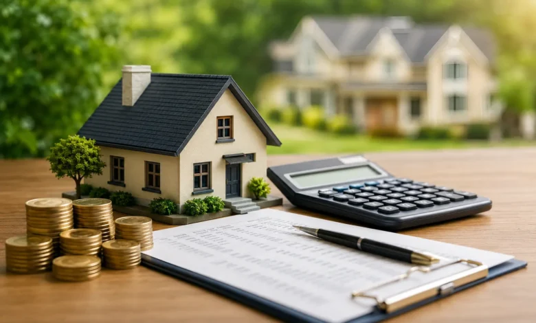 Real estate property taxes and homeownership costs represented by a house model, calculator, coins, and financial documents.