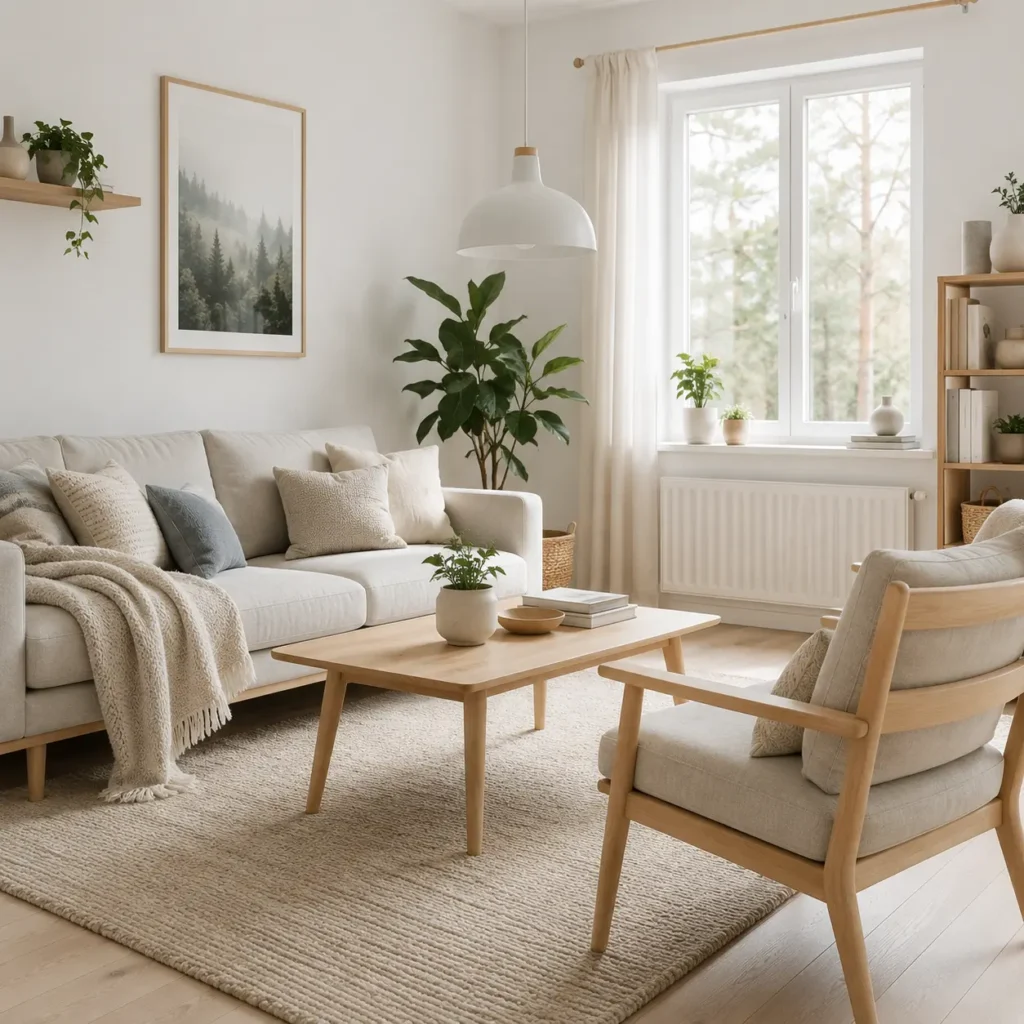 Scandinavian interior design featuring a bright living room with light wood furniture, neutral colors, plants, and cozy textiles