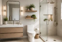 Modern small bathroom featuring a floating wood vanity, large mirror, glass walk-in shower, floating shelves, soft neutral colors, and natural light to create a bright, spacious, and stylish design.