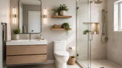 Modern small bathroom featuring a floating wood vanity, large mirror, glass walk-in shower, floating shelves, soft neutral colors, and natural light to create a bright, spacious, and stylish design.