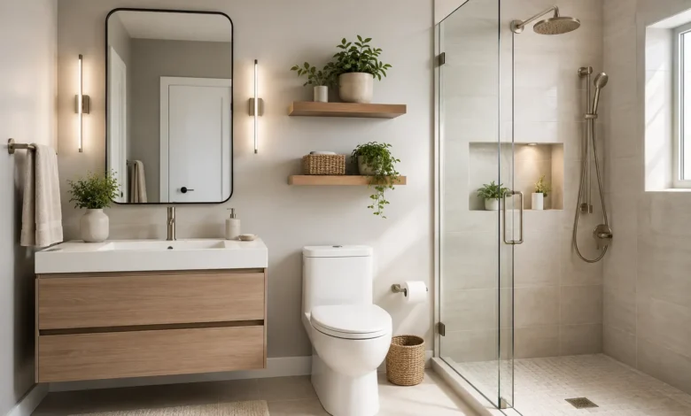 Modern small bathroom featuring a floating wood vanity, large mirror, glass walk-in shower, floating shelves, soft neutral colors, and natural light to create a bright, spacious, and stylish design.