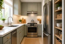 Bright, modern small kitchen with sage green cabinets, white countertops, stainless steel appliances, open shelving, and under-cabinet lighting.