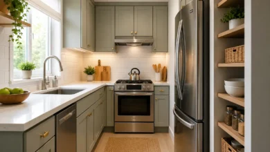 Bright, modern small kitchen with sage green cabinets, white countertops, stainless steel appliances, open shelving, and under-cabinet lighting.