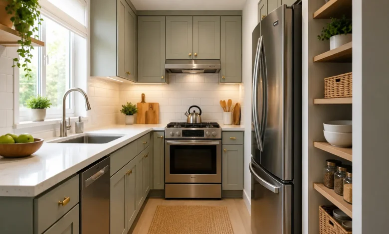 Bright, modern small kitchen with sage green cabinets, white countertops, stainless steel appliances, open shelving, and under-cabinet lighting.