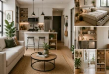 Small space interior design featuring a compact apartment with multifunctional furniture, vertical storage, natural light, neutral colors, and space-saving solutions