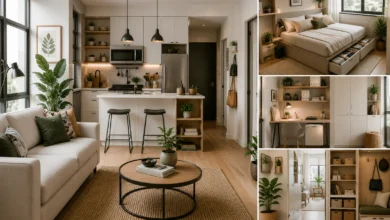 Small space interior design featuring a compact apartment with multifunctional furniture, vertical storage, natural light, neutral colors, and space-saving solutions