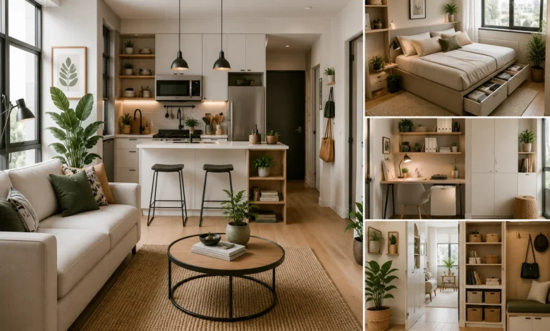 Small space interior design featuring a compact apartment with multifunctional furniture, vertical storage, natural light, neutral colors, and space-saving solutions