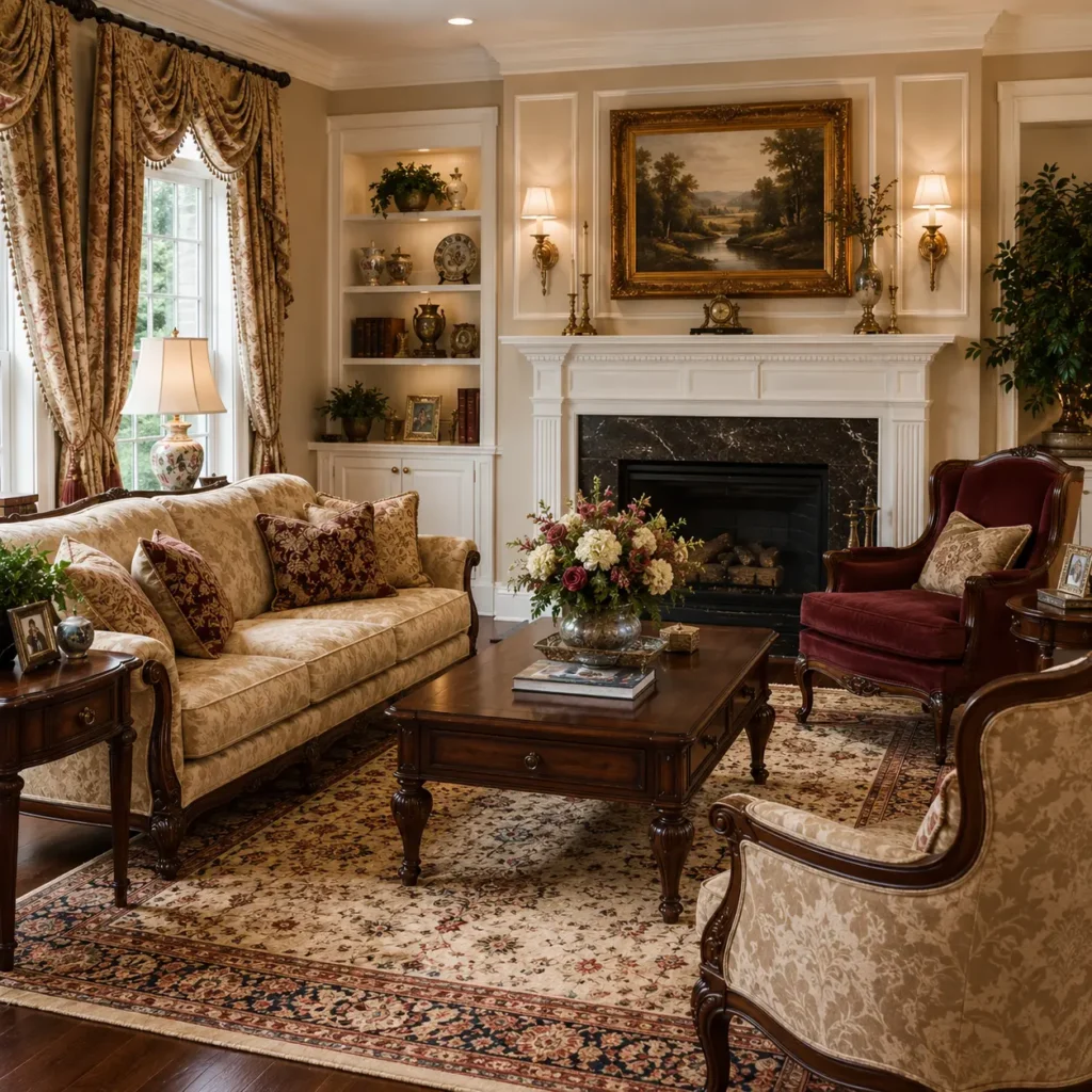 Traditional interior design featuring an elegant living room with classic furniture, ornate details, a fireplace, and a Persian rug