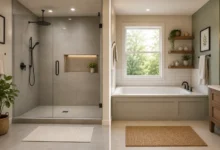 Modern bathroom comparison showing a glass walk-in shower beside a bathtub with natural decor and warm lighting.
