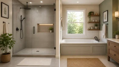Modern bathroom comparison showing a glass walk-in shower beside a bathtub with natural decor and warm lighting.