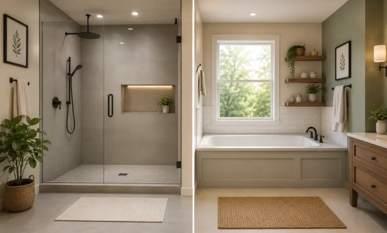 Modern bathroom comparison showing a glass walk-in shower beside a bathtub with natural decor and warm lighting.