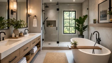 Modern luxury complete bathroom interior featuring a double wood vanity with white countertops, large mirrors, warm wall sconces, a frameless glass walk-in shower, and a freestanding soaking tub. Neutral stone tiles, black fixtures, indoor plants, and natural light create a bright, spa-inspired atmosphere with elegant storage and contemporary design.
