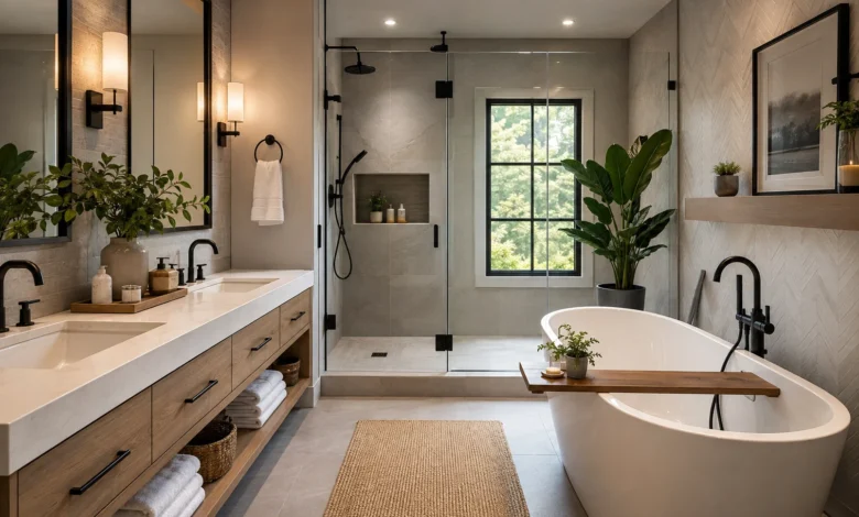 Modern luxury complete bathroom interior featuring a double wood vanity with white countertops, large mirrors, warm wall sconces, a frameless glass walk-in shower, and a freestanding soaking tub. Neutral stone tiles, black fixtures, indoor plants, and natural light create a bright, spa-inspired atmosphere with elegant storage and contemporary design.