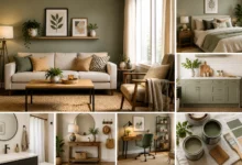 Budget interior design ideas featuring a cozy living room, stylish bedroom, affordable kitchen updates, bathroom decor, home office, entryway, and DIY paint projects.