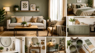 Budget interior design ideas featuring a cozy living room, stylish bedroom, affordable kitchen updates, bathroom decor, home office, entryway, and DIY paint projects.