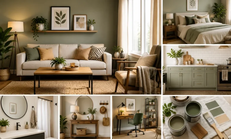 Budget interior design ideas featuring a cozy living room, stylish bedroom, affordable kitchen updates, bathroom decor, home office, entryway, and DIY paint projects.