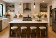 Bright modern kitchen with white cabinets, wood island, quartz countertop, pendant lights, stainless steel appliances, and bar stools