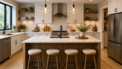 Bright modern kitchen with white cabinets, wood island, quartz countertop, pendant lights, stainless steel appliances, and bar stools