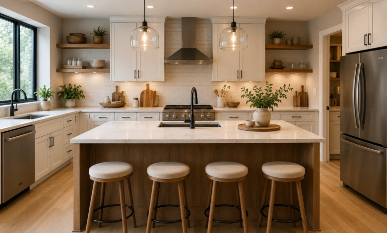 Bright modern kitchen with white cabinets, wood island, quartz countertop, pendant lights, stainless steel appliances, and bar stools