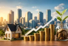 Real estate investment concept showing a house, rising stacks of gold coins, an upward growth arrow, and a money jar with a growing plant against a city skyline.