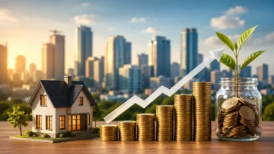 Real estate investment concept showing a house, rising stacks of gold coins, an upward growth arrow, and a money jar with a growing plant against a city skyline.