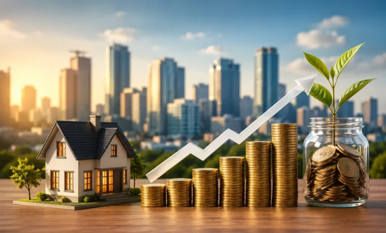 Real estate investment concept showing a house, rising stacks of gold coins, an upward growth arrow, and a money jar with a growing plant against a city skyline.