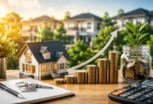 Real Estate Property Investment concept featuring a model house, rising coin stacks, savings jar, house keys, notebook, and calculator.