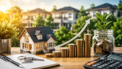 Real Estate Property Investment concept featuring a model house, rising coin stacks, savings jar, house keys, notebook, and calculator.