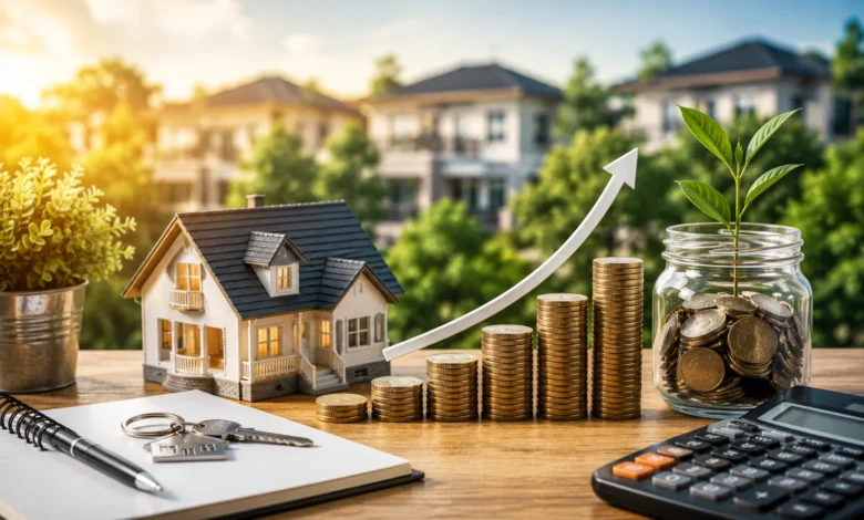 Real Estate Property Investment concept featuring a model house, rising coin stacks, savings jar, house keys, notebook, and calculator.