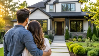Real estate property tips for first-time home buyers viewing a modern house.