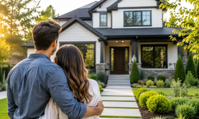 Real estate property tips for first-time home buyers viewing a modern house.